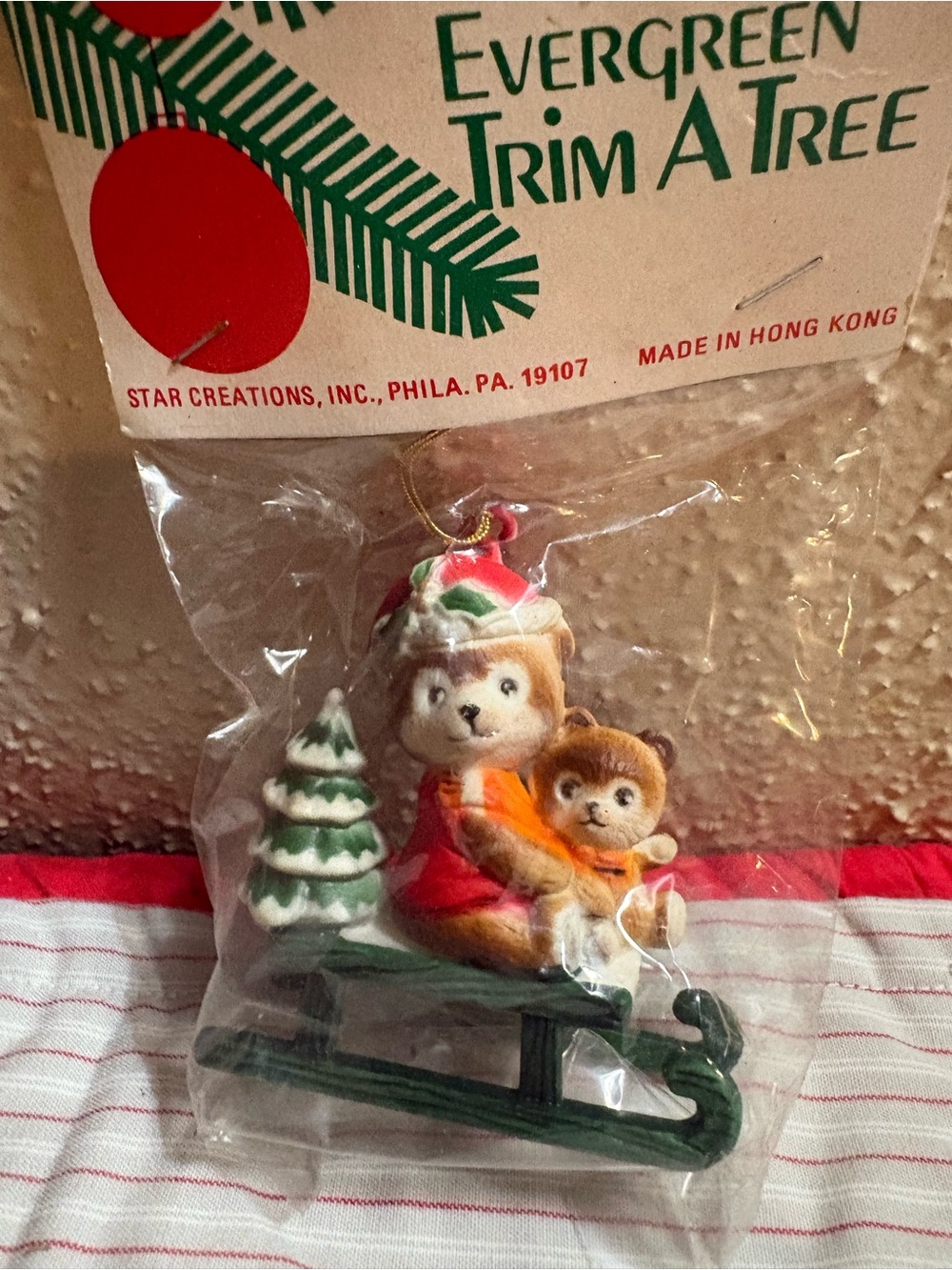 Vintage Evergreen Trim-A-Tree Bear Family Sled Ornament - Red & Green